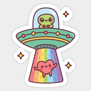 Funny Alien UFO Abducting Cute Heart Sticker
